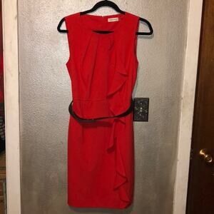 Calvin Klein Professional Office Business Preppy Black Belt Red Ruffle Dress